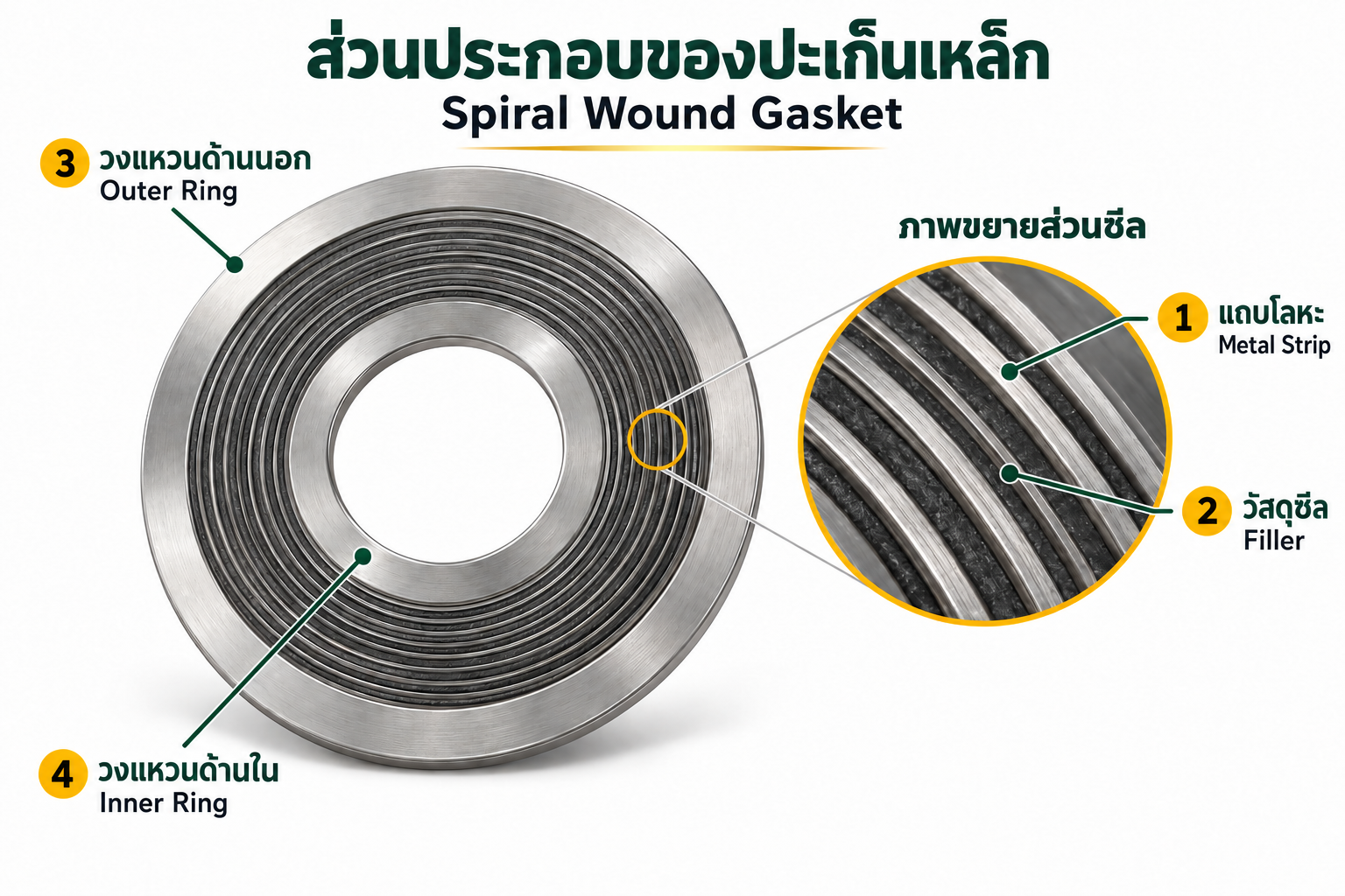 แผนภาพส่วนประกอบปะเก็นเหล็ก Spiral Wound Gasket
