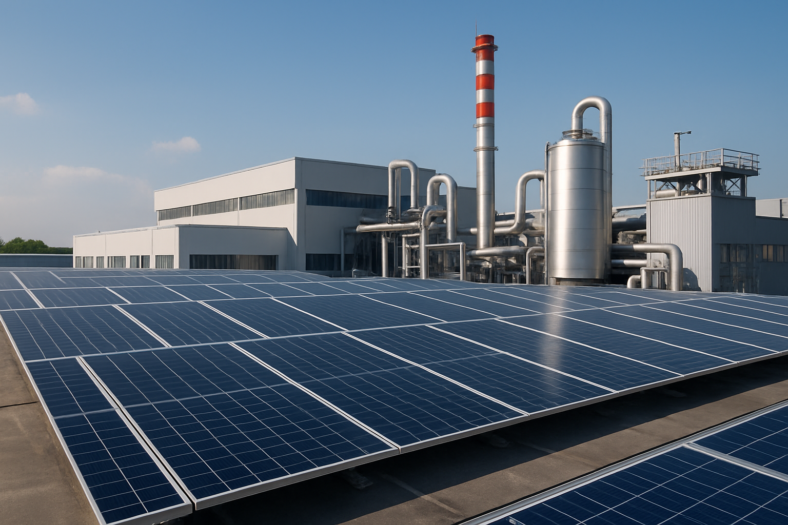 หลังคาโรงงานอุตสาหกรรมติดตั้งโซลาร์เซลล์เพื่อผลิตพลังงานหมุนเวียน ลดการปล่อยคาร์บอนและลดต้นทุนพลังงาน