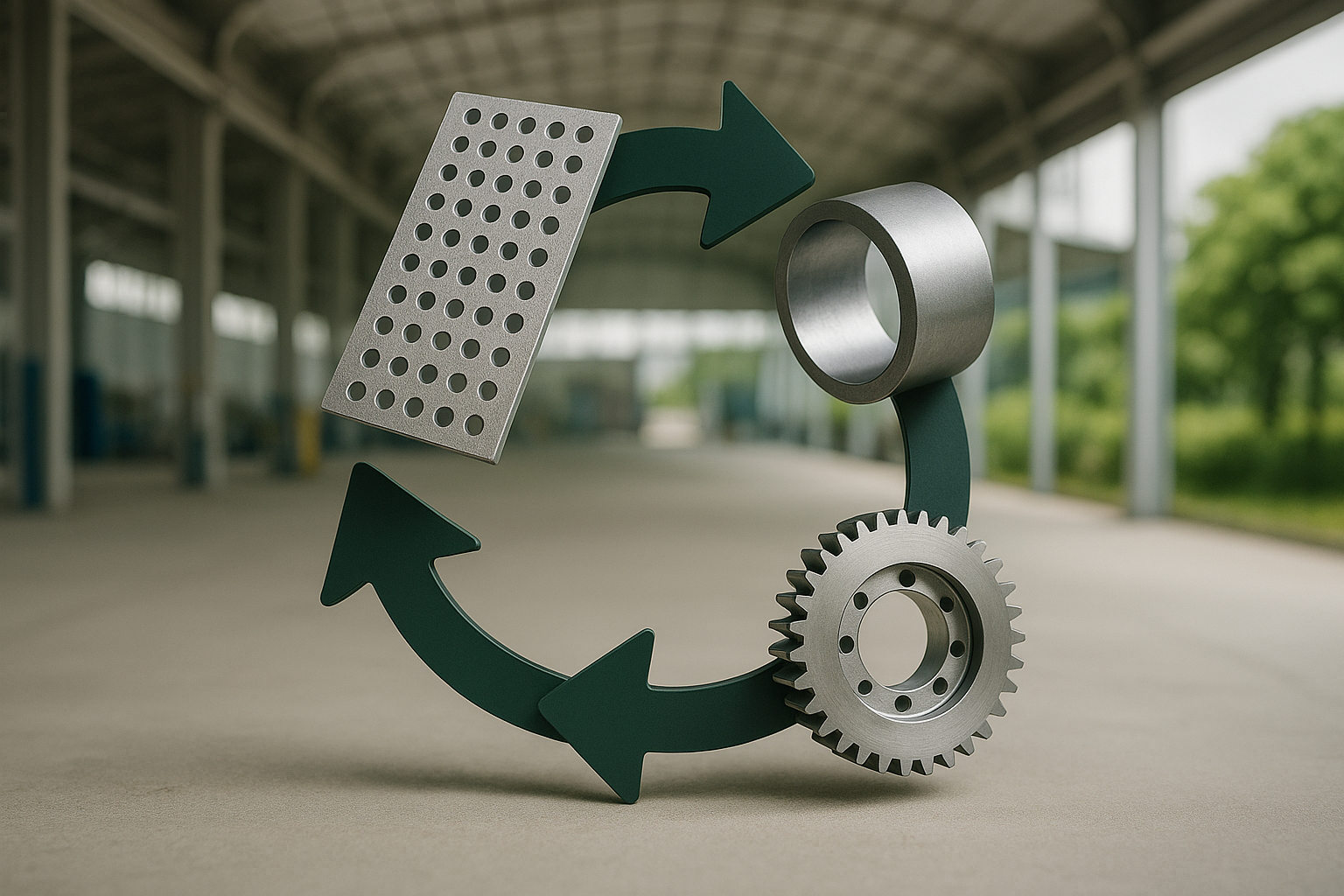 ภาพแนวคิด Circular Material Loop ที่แสดงการหมุนเวียนของวัสดุจากการผลิต สู่การใช้ซ้ำและรีไซเคิลในอุตสาหกรรม