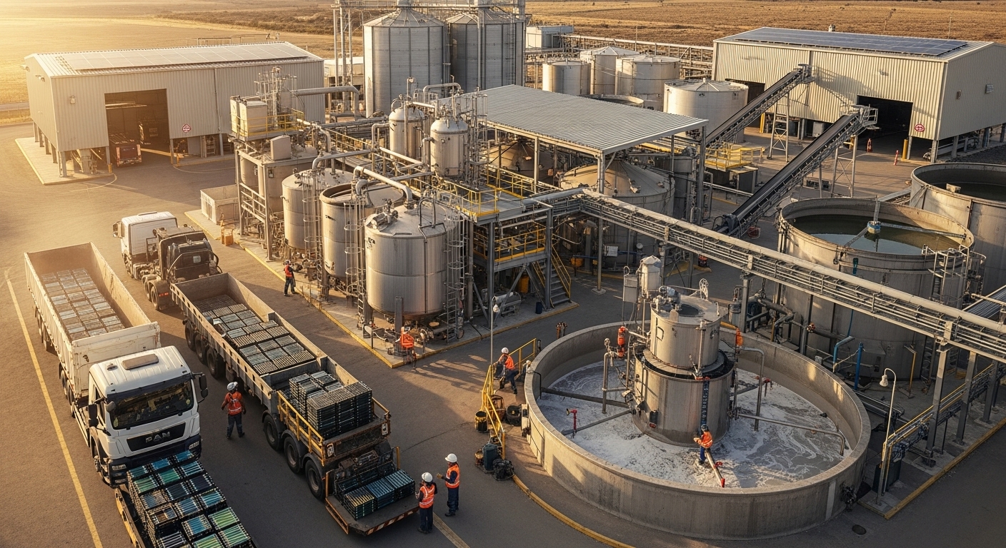 ภาพมุมกว้างของโรงงานรีไซเคิลแบตเตอรี่ แสดงถัง leach, คอลัมน์ SX และพื้นที่เก็บ black mass พร้อมรถขน module