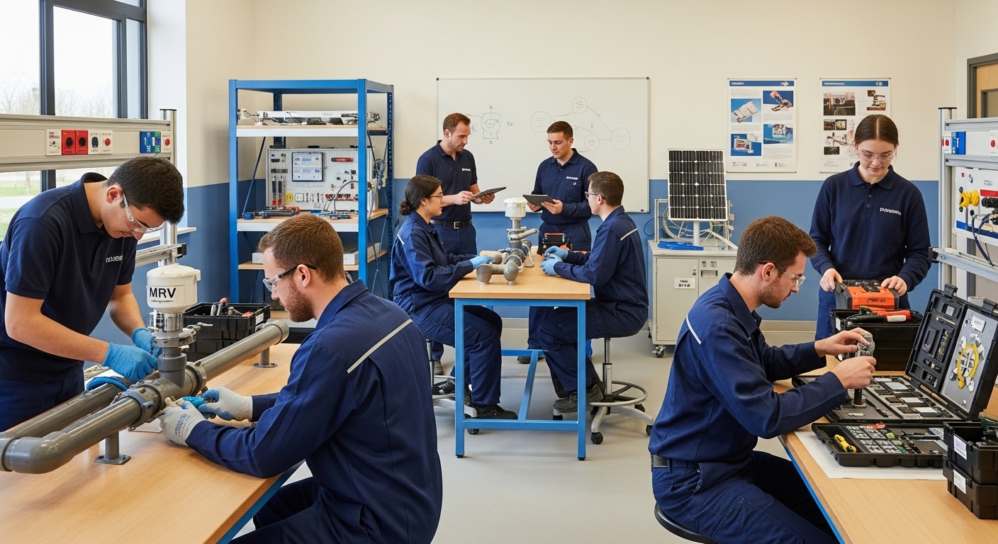 ภาพห้องฝึกอบรมหรือแล็บที่ผู้เรียนฝึกติดตั้งเซนเซอร์ MRV และหารือร่วมกับอาจารย์ แสดงการเรียนงานเชิงปฏิบัติสำหรับงานสีเขียว