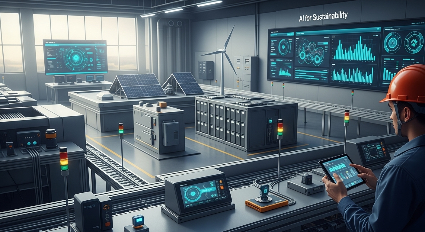 ห้องควบคุมโรงงาน แสดงหน้าจอแดชบอร์ด AI การจัดการพลังงาน และอุปกรณ์ edge ในชั้นโรงงาน บรรยากาศเชิงอุตสาหกรรม