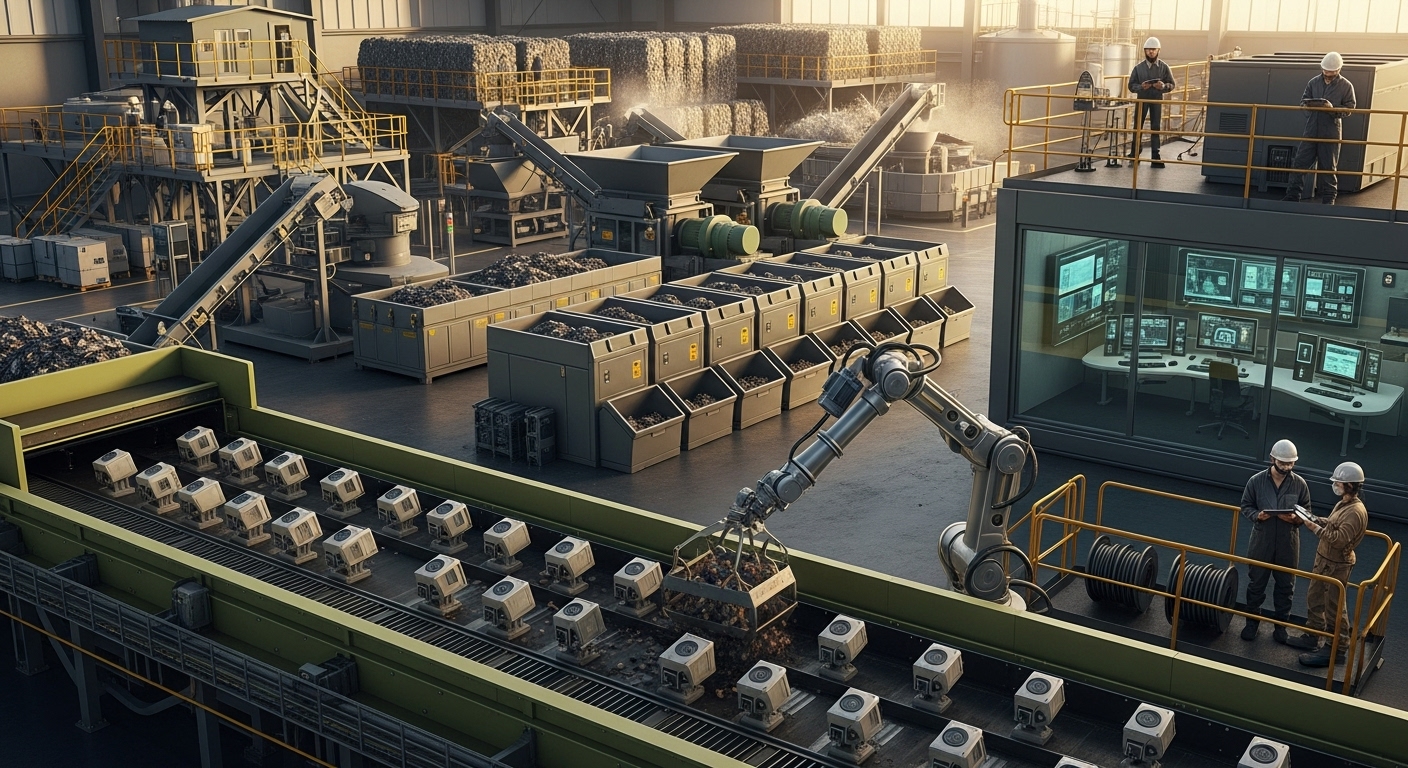 มุมกว้างโรงงานรีไซเคิลสมัยใหม่มีหุ่นยนต์คัดแยก กล้อง hyperspectral และสายพานแยกวัสดุ แสดงการผสานระหว่าง machine vision กับ robotics