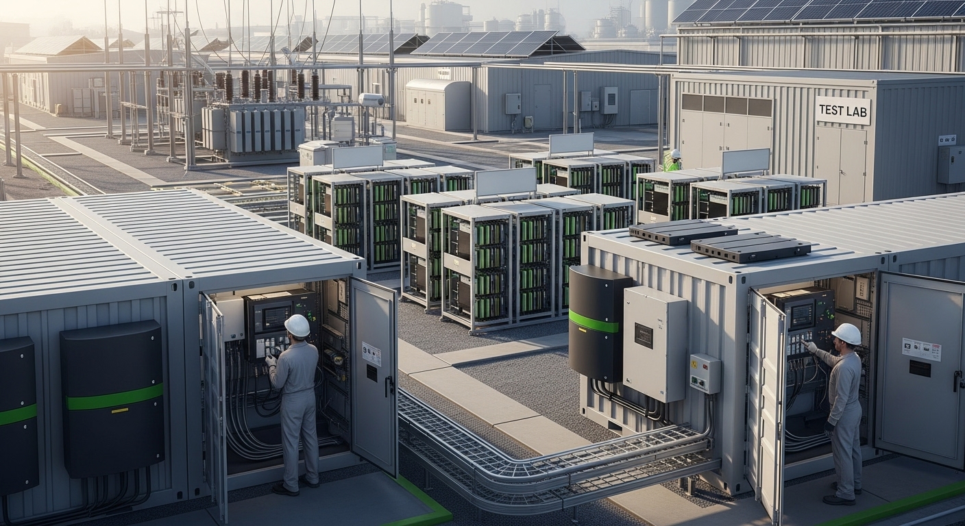 มุมกว้างของระบบกักเก็บพลังงานที่ใช้แบตเตอรี่กึ่งแข็ง (quasi-solid) ตั้งอยู่หน้าไซต์อุตสาหกรรม แสดงกล่องโมดูลแบตเตอรี่และพนักงานตรวจสอบอุปกรณ์