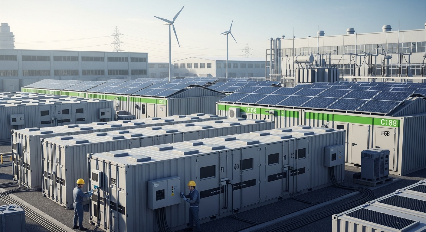 มุมกว้างคลังแบตเตอรี่ขนาดกลางเป็นกล่องโมดูลที่โรงงาน พร้อมแผงโซลาร์บนหลังคาและพนักงานสวมอุปกรณ์ความปลอดภัย