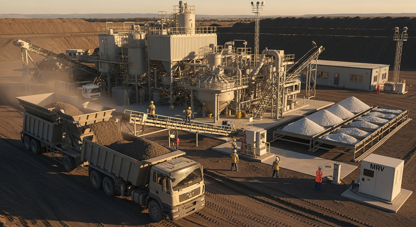 มุมมองโรงงานอุตสาหกรรมที่มีพื้นที่เก็บวัสดุแร่และยูนิตแปลง CO₂ เป็นแร่ แสดงการนำคาร์บอนมาทำเป็นวัสดุถาวร