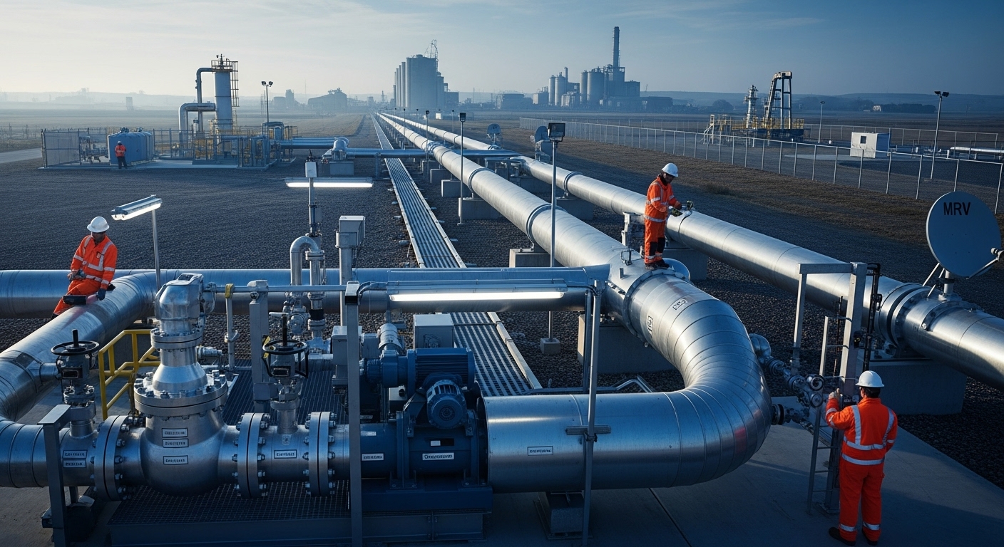 ท่อขนส่ง CO₂ ขนาดใหญ่ใกล้พื้นที่โรงงานอุตสาหกรรม บรรยากาศเชิงอุตสาหกรรมในตอนเช้า แสดงแนวคิดการขนส่งและกักเก็บคาร์บอน