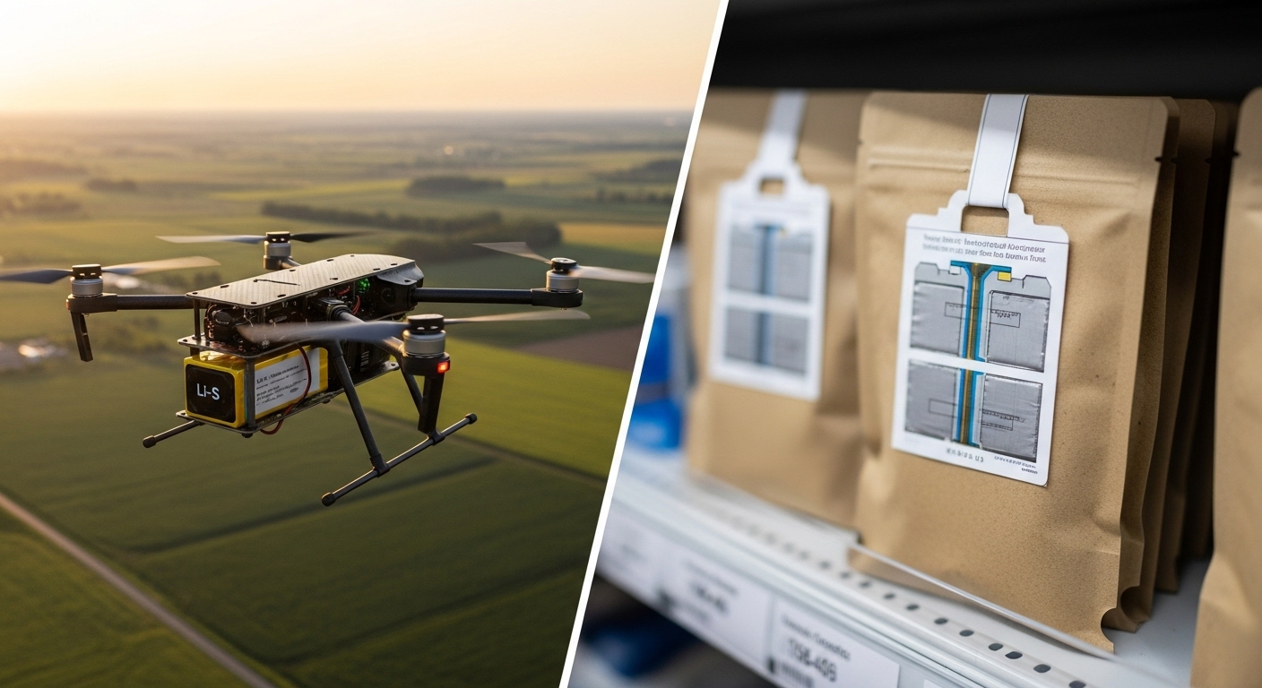 ภาพสาธิตโดรนที่ใช้แบตเตอรี่ Li–S บินอยู่เหนือพื้นดิน และภาพขวาสำหรับแผงป้ายสมาร์ทที่มีแบตเตอรี่จากกระดาษติดอยู่