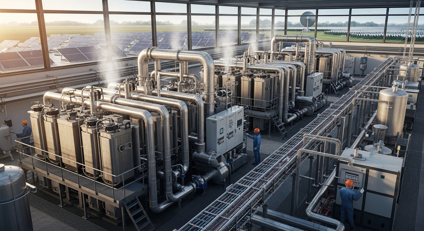 ภาพภายในฮอลล์อุตสาหกรรมที่มี SOEC stack และท่อความร้อนเชื่อมต่อกับระบบพลังงานหมุนเวียน แสดงการผสานไฟฟ้าและความร้อนกับยูนิตผลิตไฮโดรเจน