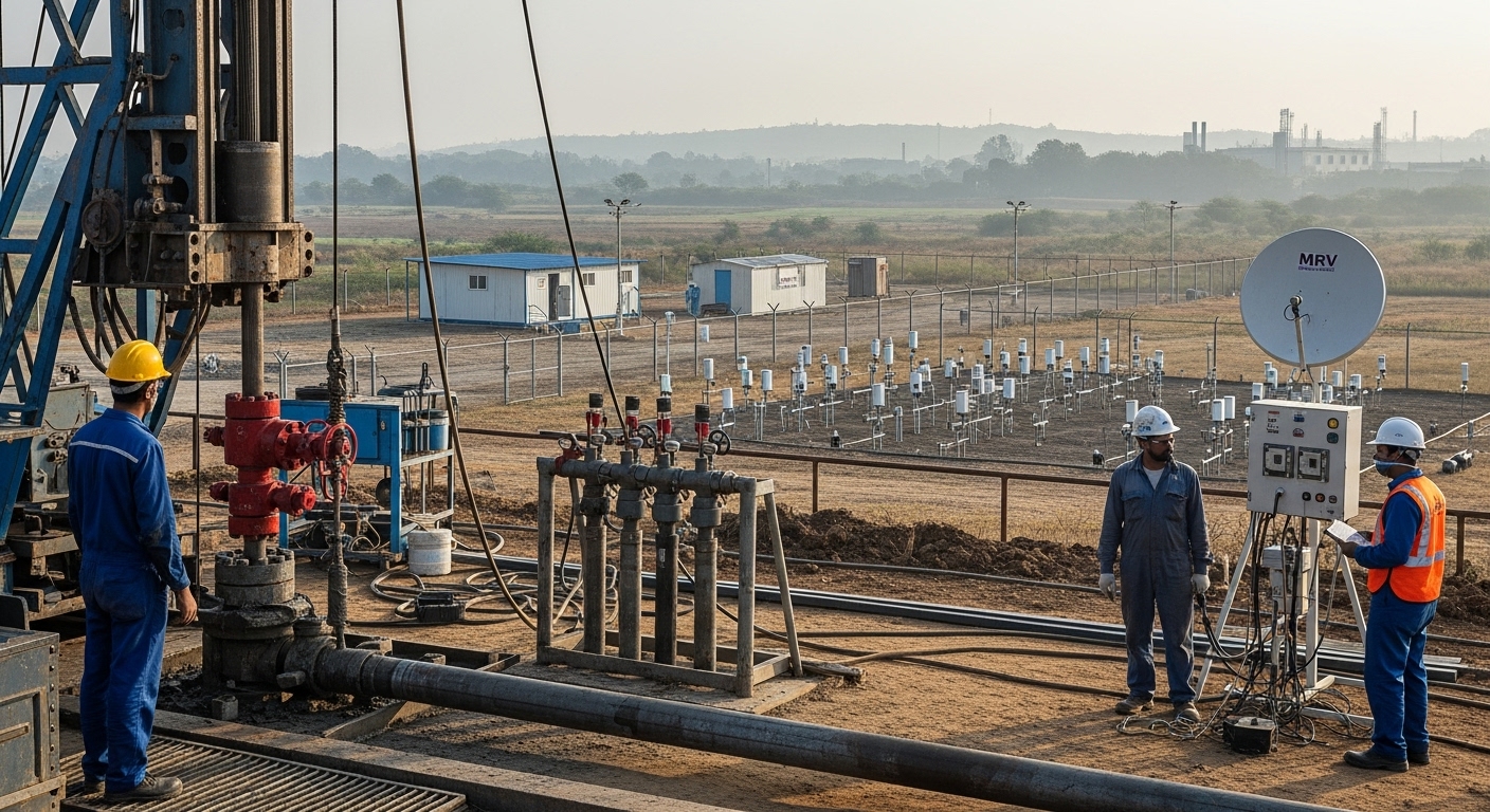 ภาพมุมกว้างแสดงไซต์ขุดเจาะหลุมกักเก็บ CO₂ พร้อมหัวหลุม (wellhead) และอุปกรณ์ตรวจวัด รอบๆ เป็นภูมิประเทศชนบทและไซต์อุตสาหกรรม